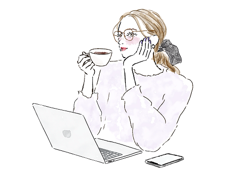 お茶を片手にパソコンに向き合う女性のイラスト