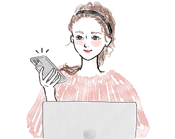 スマホを見ながらパソコンの前に座る女性のイラスト